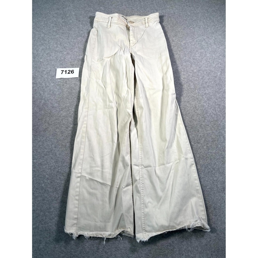 OAT New York Wide Leg Pants Womens 4/27 Beige Cotton Stretch Flat Front Raw Hem